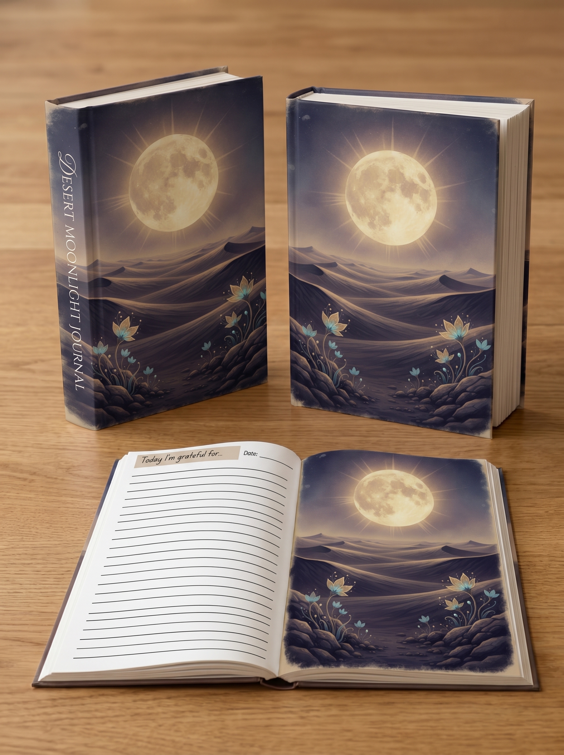 Surreal desert night landscape with dark sand dunes under a glowing full moon. Rare luminous flowers bloom among scattered rocks, softly lighting the sand. The sky is deep blue and purple with warm golden highlights, creating a calm, cinematic fantasy atmosphere.