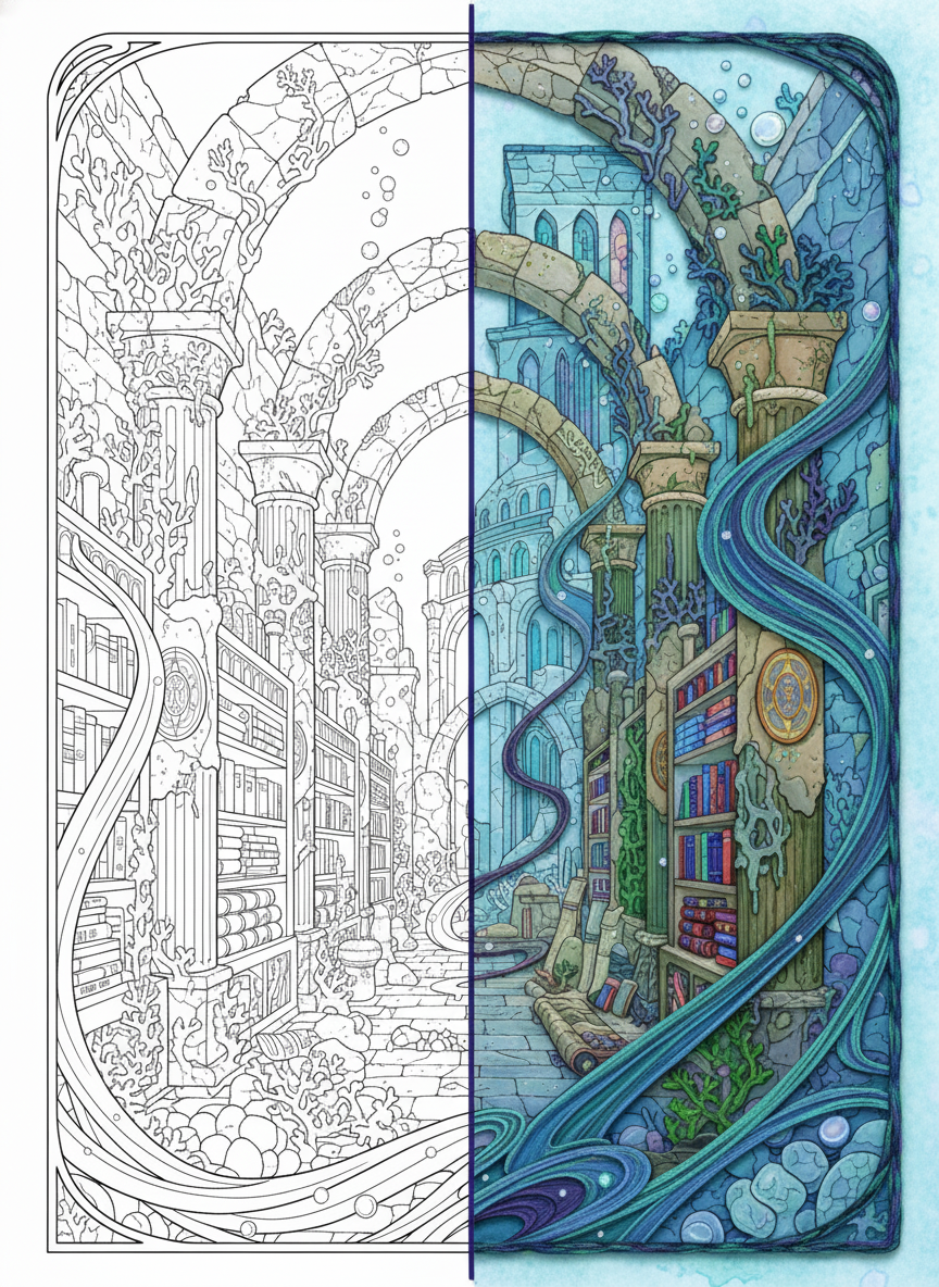 Black and white printable coloring page showing an underwater ancient library with coral-covered stone shelves, floating scrolls, glowing artifacts, sea ruins, and flowing water currents in detailed line art style.
