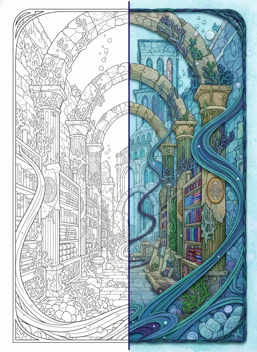 Black and white printable coloring page showing an underwater ancient library with coral-covered stone shelves, floating scrolls, glowing artifacts, sea ruins, and flowing water currents in detailed line art style.
