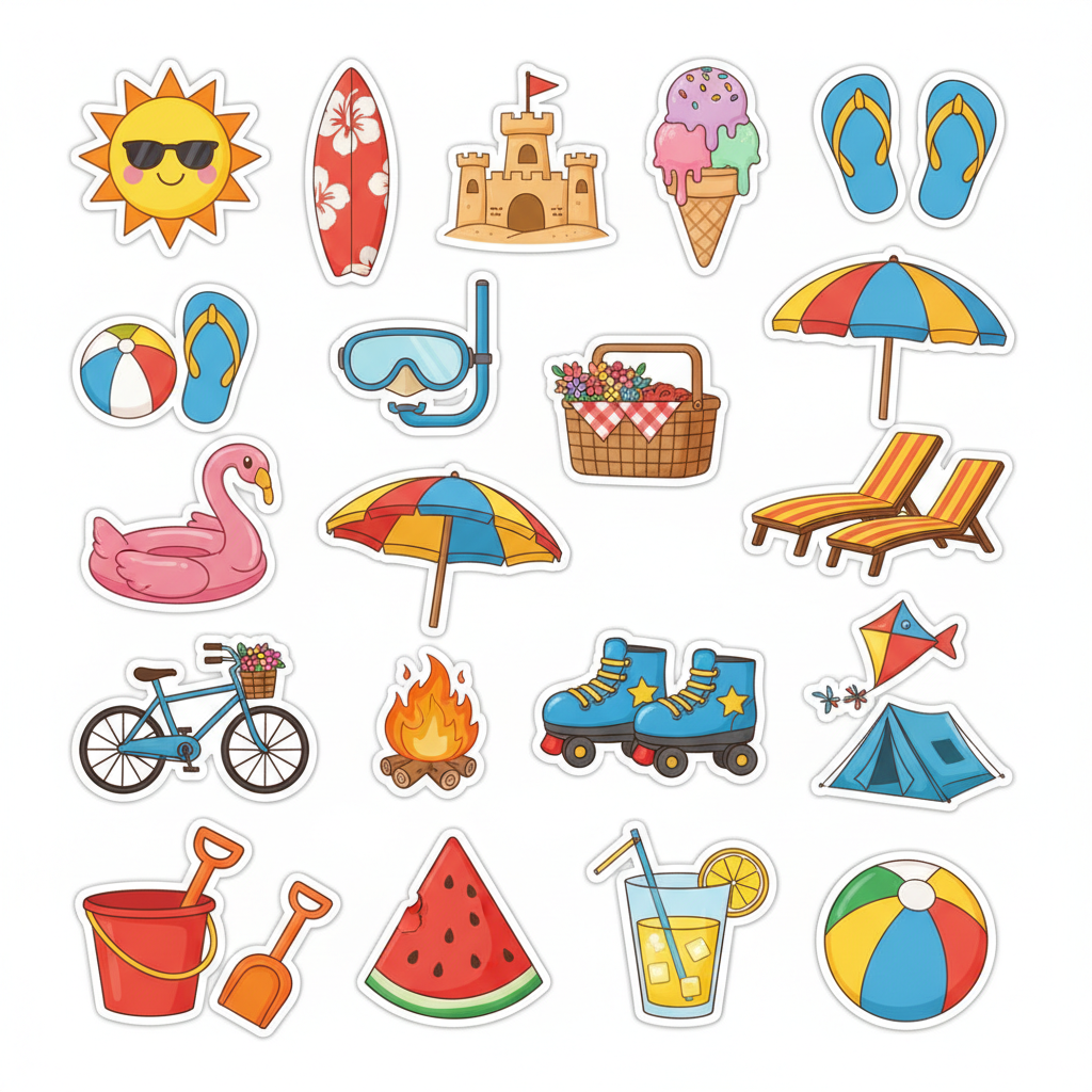 Single-page summer activities sticker sheet featuring bright seasonal icons such as sunshine, beach items, ice cream, sunglasses, and fun outdoor-themed illustrations.