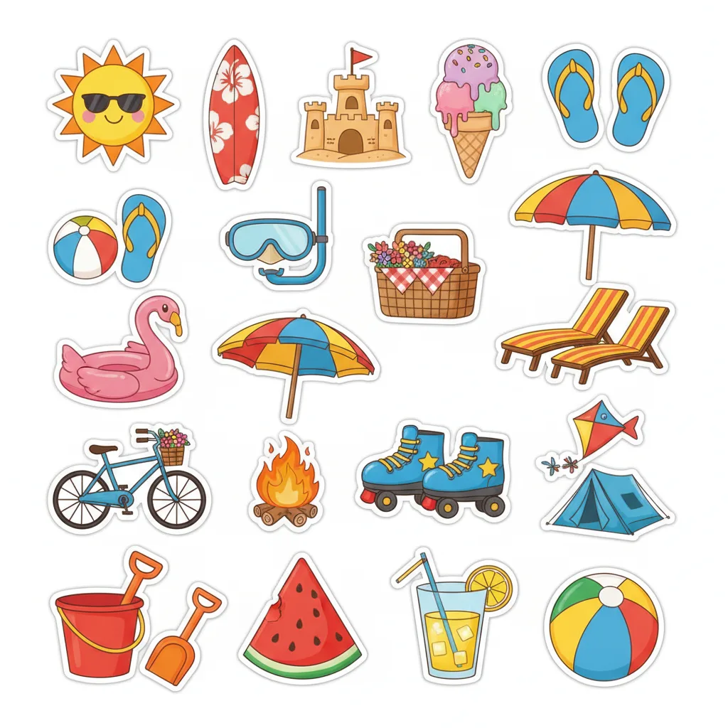Single-page summer activities sticker sheet featuring bright seasonal icons such as sunshine, beach items, ice cream, sunglasses, and fun outdoor-themed illustrations.