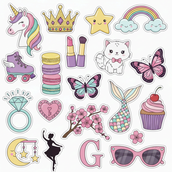 Single-page girly sticker sheet featuring cute icons such as crowns, stars, hearts, makeup items, and fashion-themed decorative illustrations.