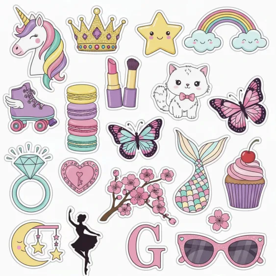 Single-page girly sticker sheet featuring cute icons such as crowns, stars, hearts, makeup items, and fashion-themed decorative illustrations.