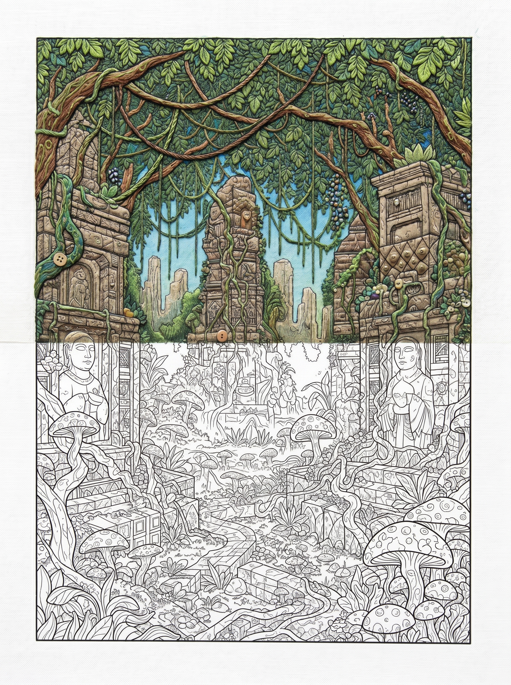 Black and white printable coloring page showing a bioluminescent jungle temple labyrinth with glowing plants, ancient stone ruins, twisting vines, and hidden pathways in detailed line art style.