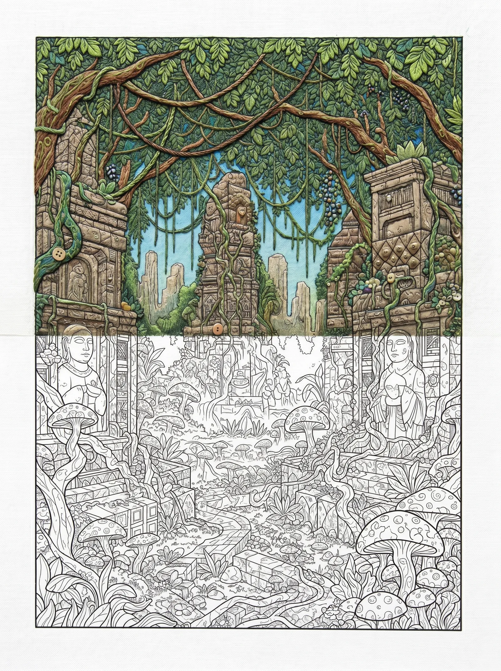 Black and white printable coloring page showing a bioluminescent jungle temple labyrinth with glowing plants, ancient stone ruins, twisting vines, and hidden pathways in detailed line art style.