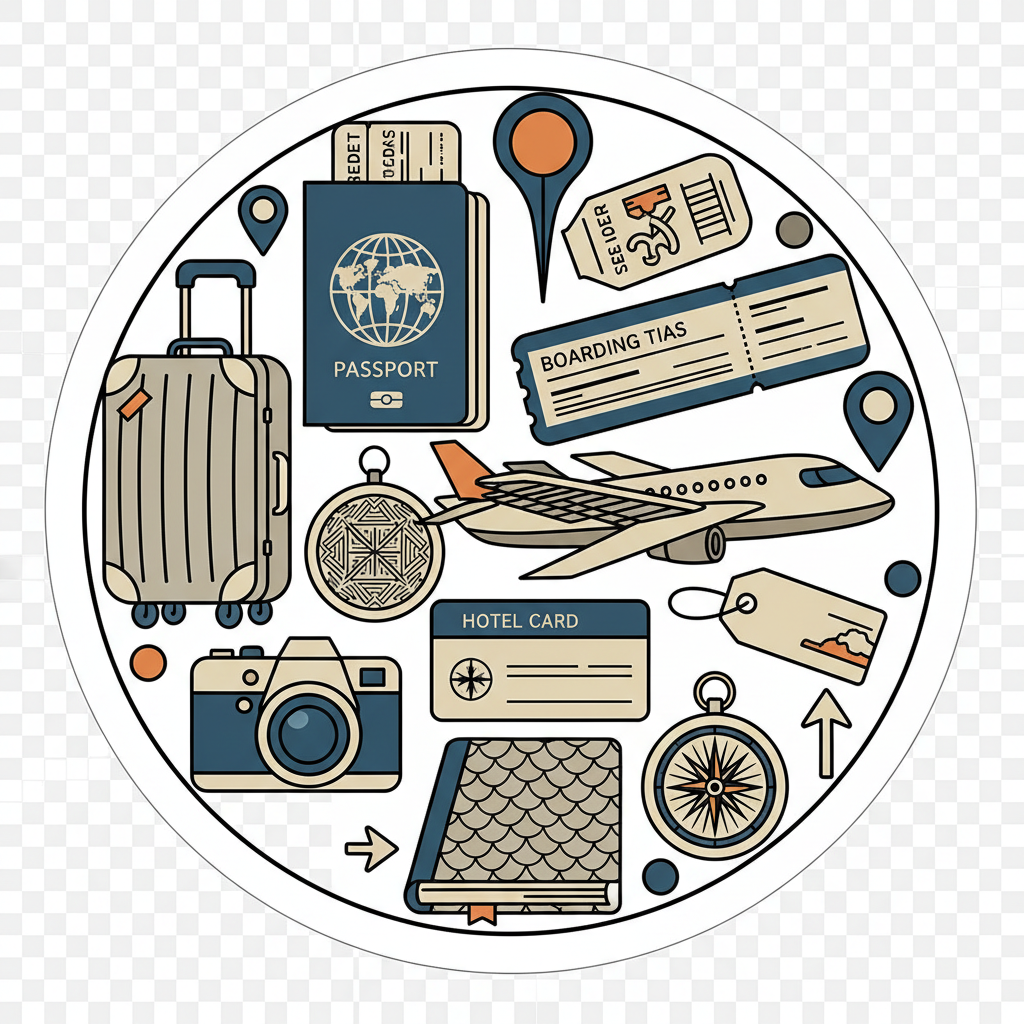 Travel essentials sticker set featuring suitcase, passport, airplane, camera, map pin, and boarding pass icons in a clean modern flat illustration style on transparent background.