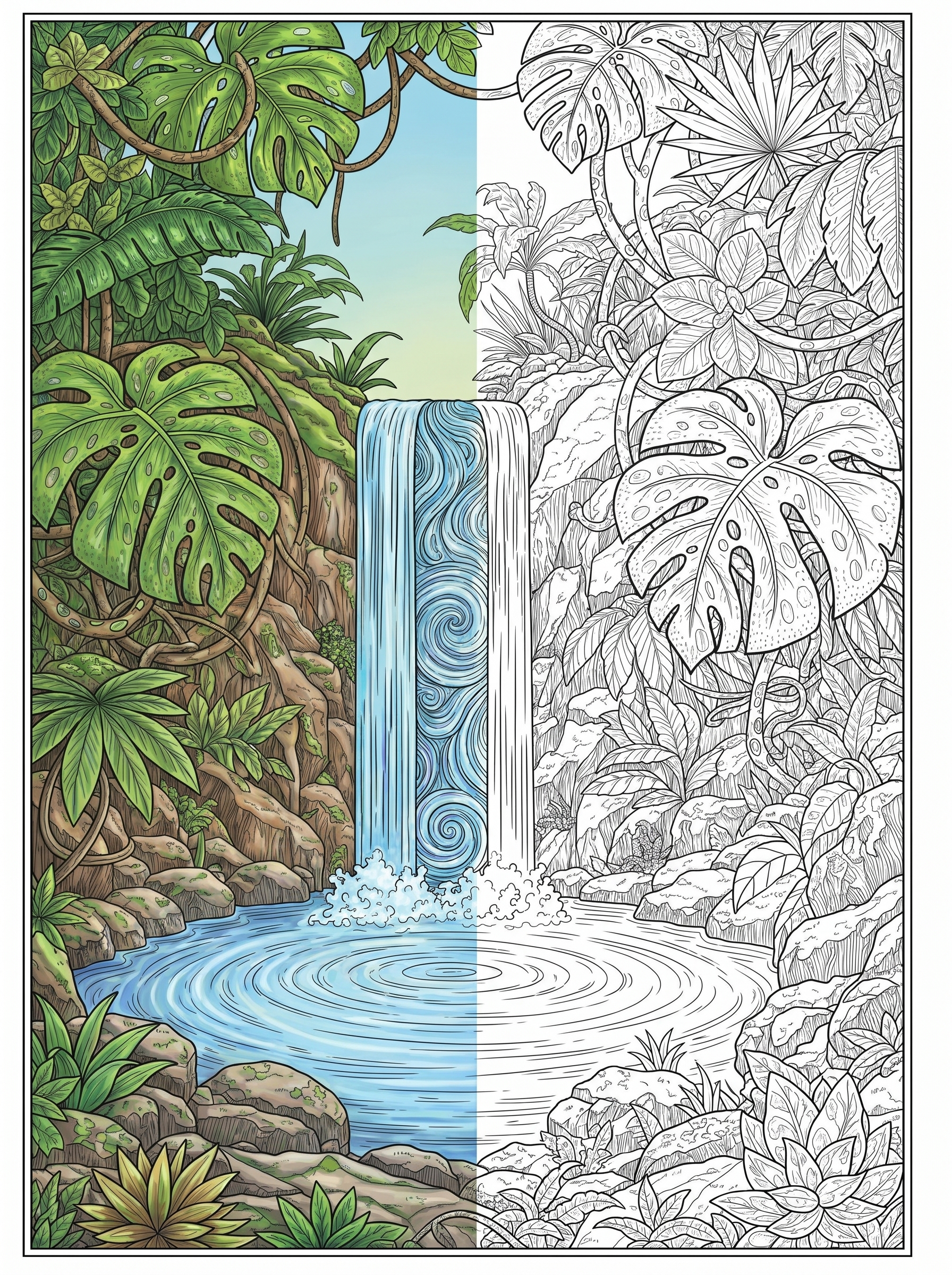 Tropical jungle waterfall line art poster featuring cascading water, dense foliage, rocks, and natural scenery for adult coloring.
