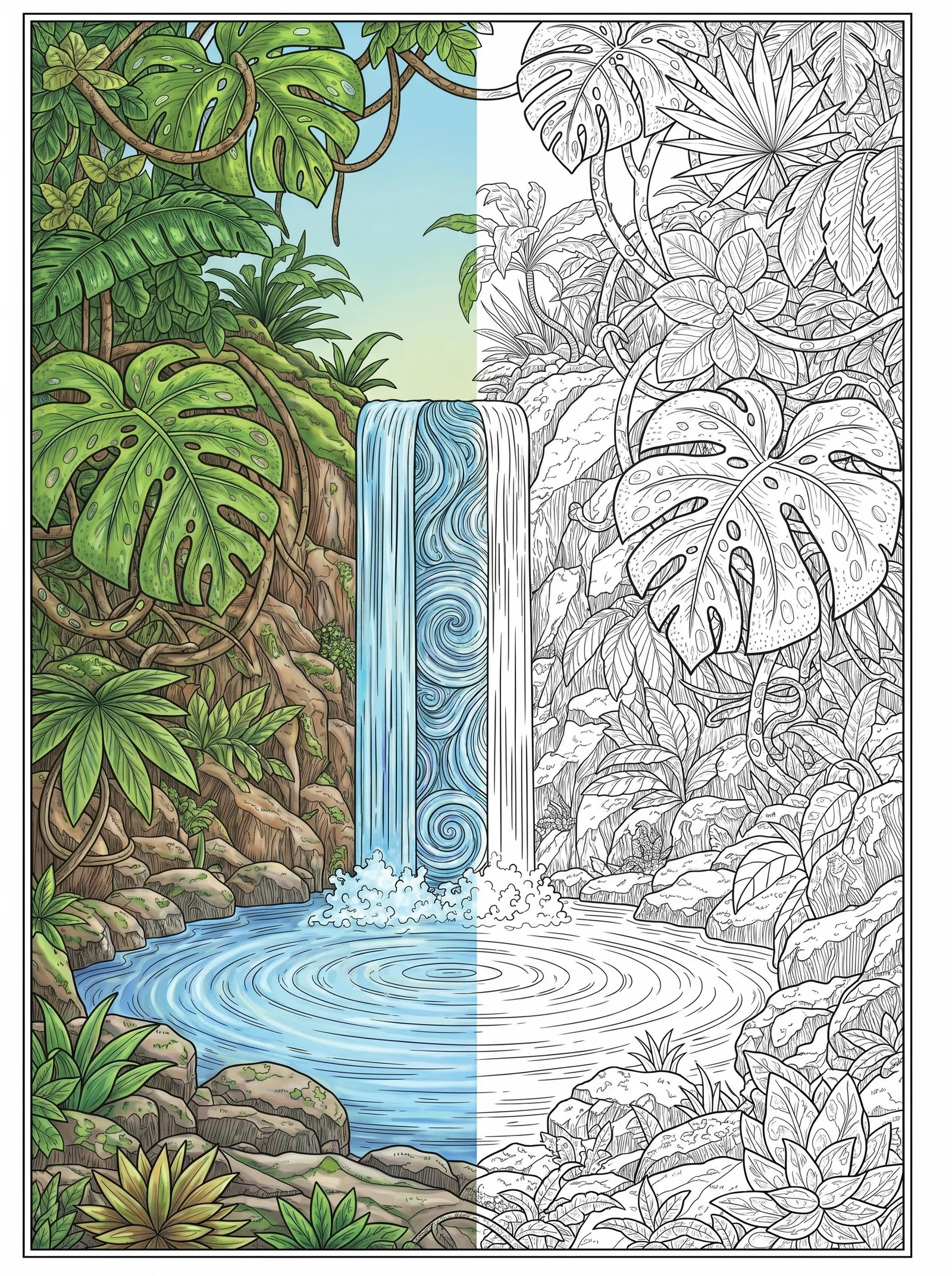 Tropical jungle waterfall line art poster featuring cascading water, dense foliage, rocks, and natural scenery for adult coloring.