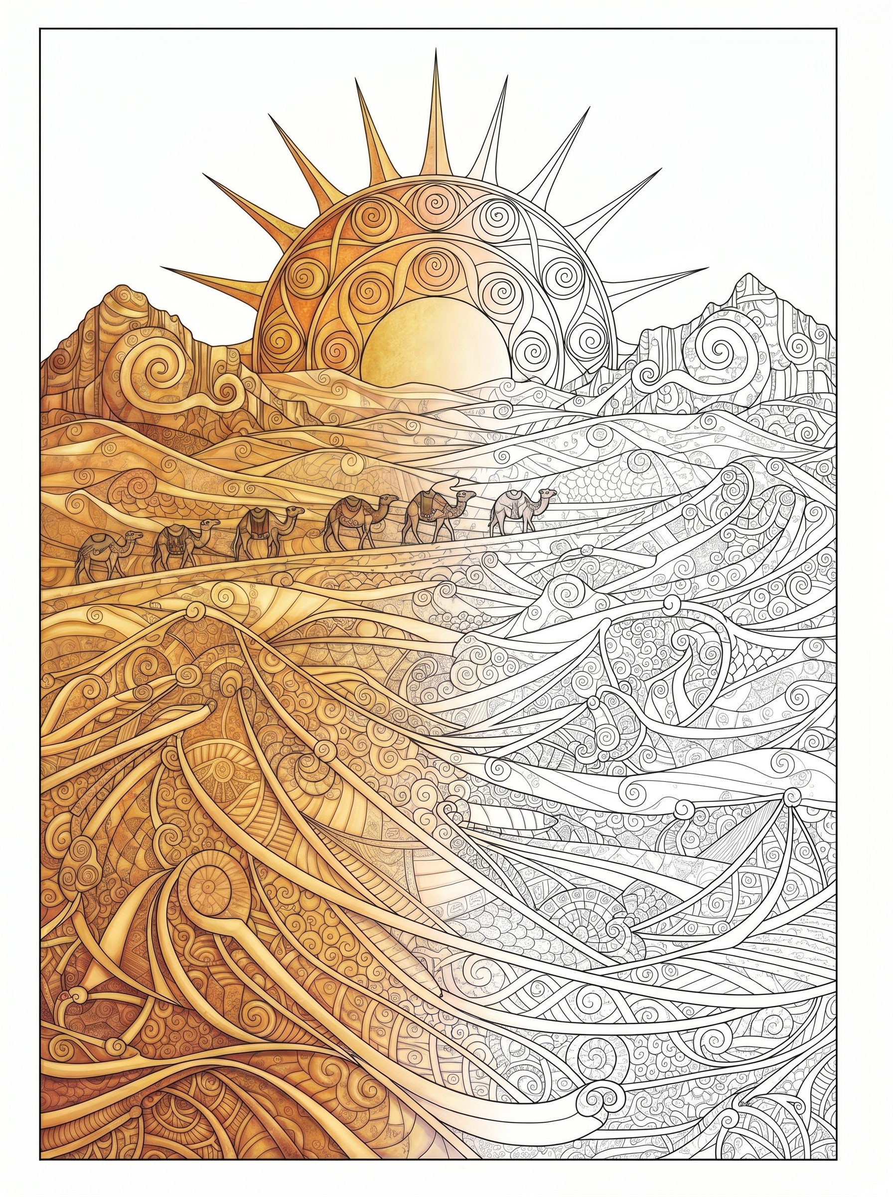 Desert landscape line art poster featuring sand dunes, camel caravan, and distant mountains in a calm sunset scene for adult coloring.