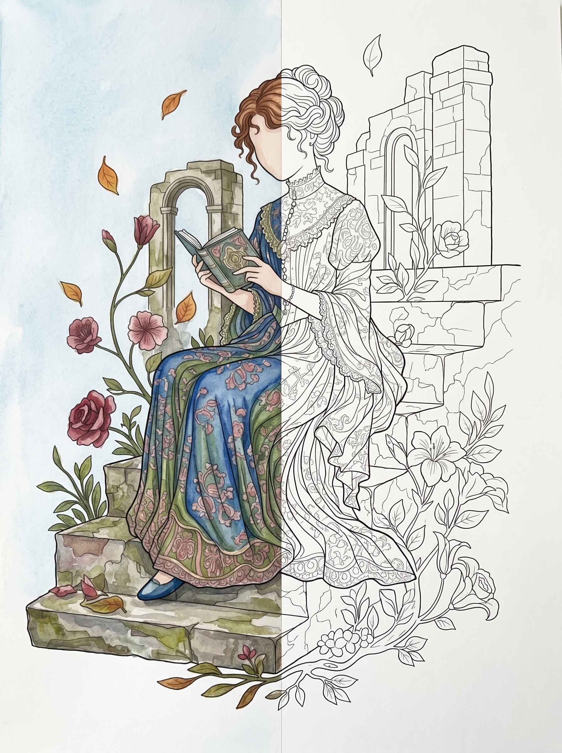 Young girl in a flowing vintage dress reading in an autumn garden with soft leaves and classical stone background